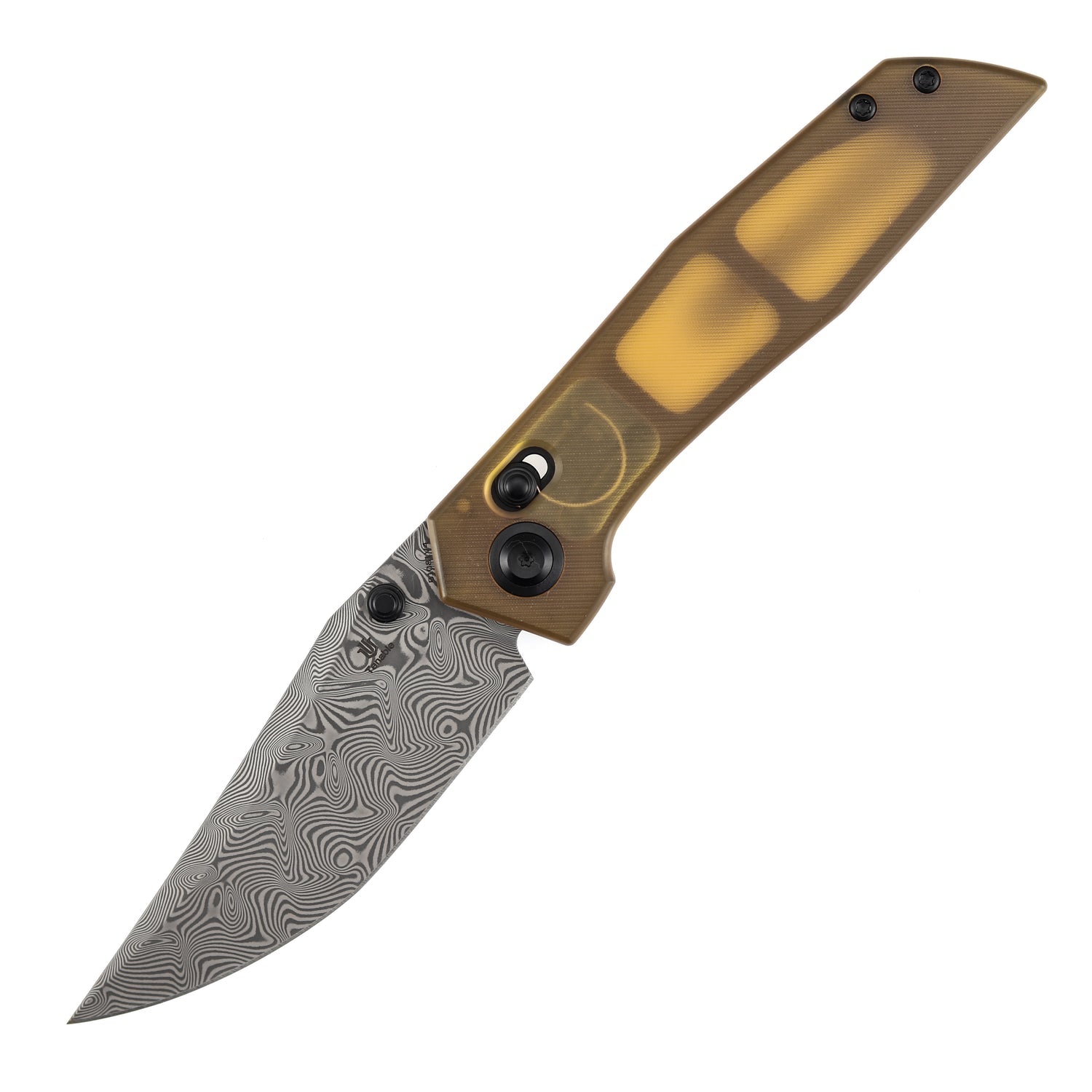 Tenable Deadite B1081V4 Water Ripple Damascus Blade Amber PEI Handle Crossbar Lock Folding Knife