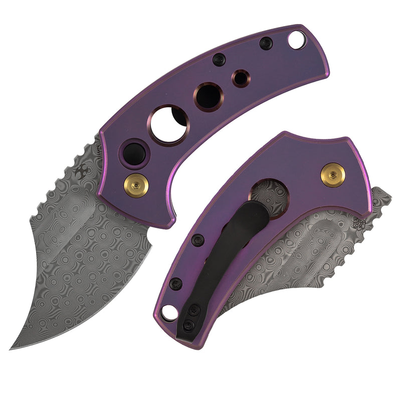 Kansept Wasp T2144F6 Acid Etched Damascus Blade Purple Anodized Titanium Handle Button Lock Folding Knife