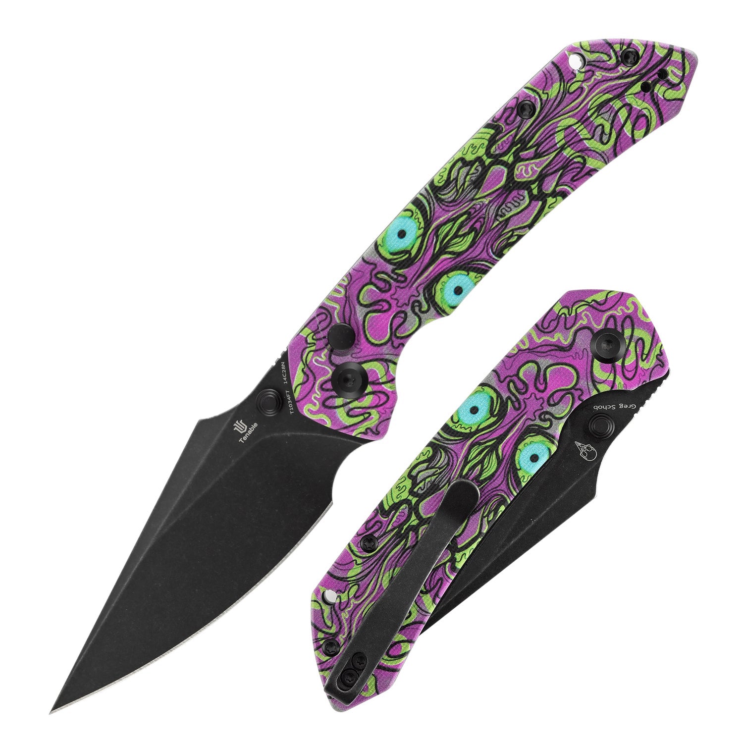 Tenable Fenrir T1034F7 Blackwash 14C28N Blade Jade G10 Handle Button Lock Folding Knife