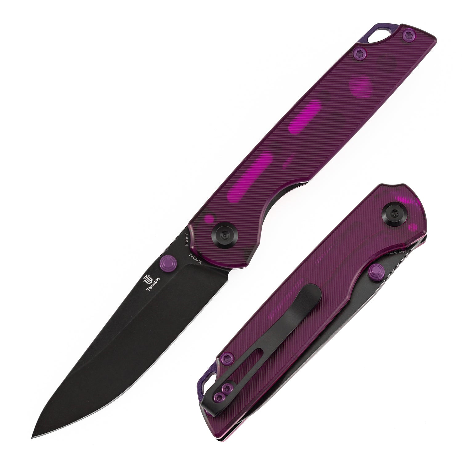Tenable Mini Warrior B2005A2 Blackwash Nitro-V Blade Purple Acrylic Handle Liner Lock Folding Knife