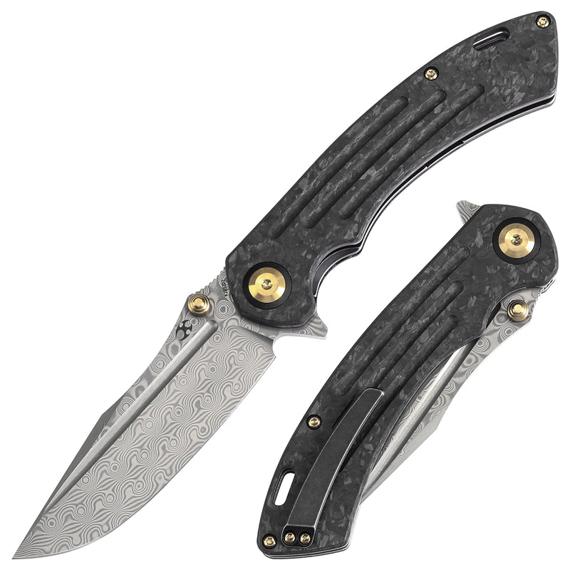 Kansept Pretatout K1032D2 Damascus Blade Shred Carbon Fiber Handle Frame Lock Folding Knives