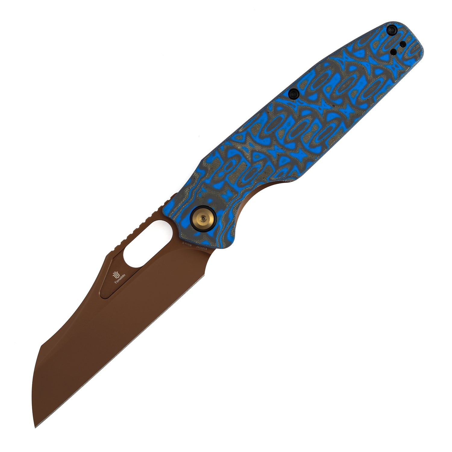 Tenable Tuckamore B1052A3 Rose Gold Nitro-V Blade Blue & Yellow Vortex Micarta Handle Liner Lock Folding Knife