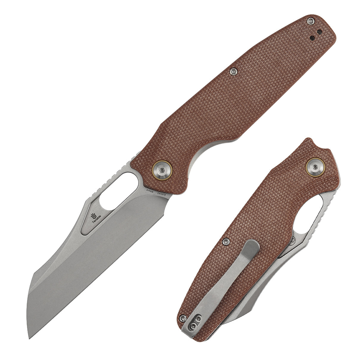 Tenable Tuckamore B1052A2 Stonewashed Nitro-V Blade Brown Micarta Handle Liner Lock Folding Knife
