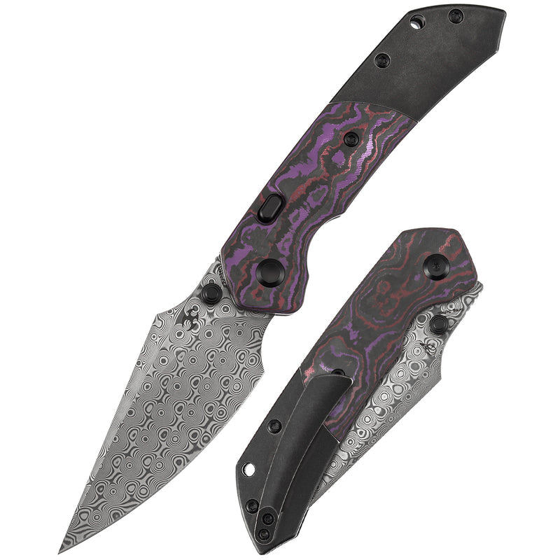 Kansept Fenrir K1034H3 Damascus Blade Purple Haze Fatcarbon & Titanium Handle Top Liner Lock Folding Knife