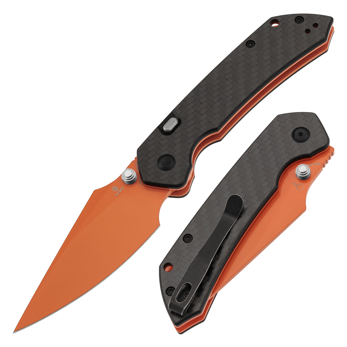 Tenable Fenrir B1034H5 Orange Coated Nitro-V Blade Twill Carbon Fiber Handle Top Liner Lock Folding Knife