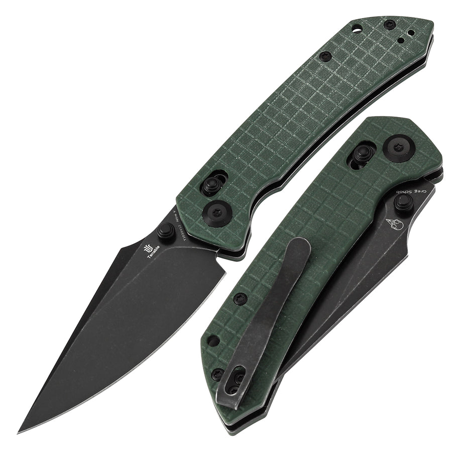 Tenable Knives Fenrir T1034V12 Black Nitro-V Blade Green G10 Handle Cross Bar Lock