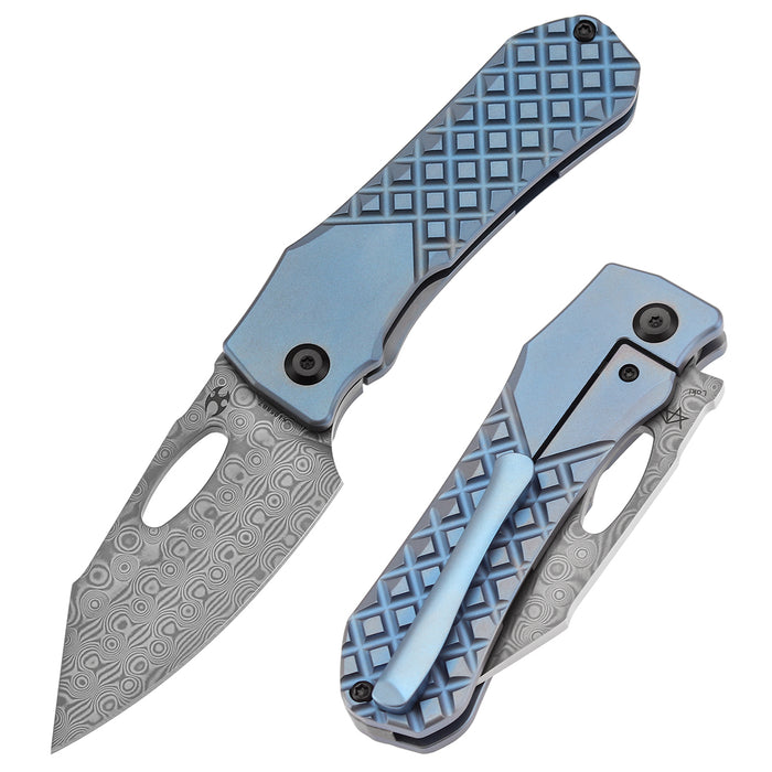 KANSEPT Loki K1058B7 Damascus Blade Blue Anodized Titanium Handle Frame Lock Thumb Hole Knife