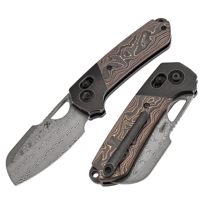 Kansept Nahual K2125V3 Damascus Blade Blackwash Titanium, Copper Carbon Fiber Handle Crossbar Lock
