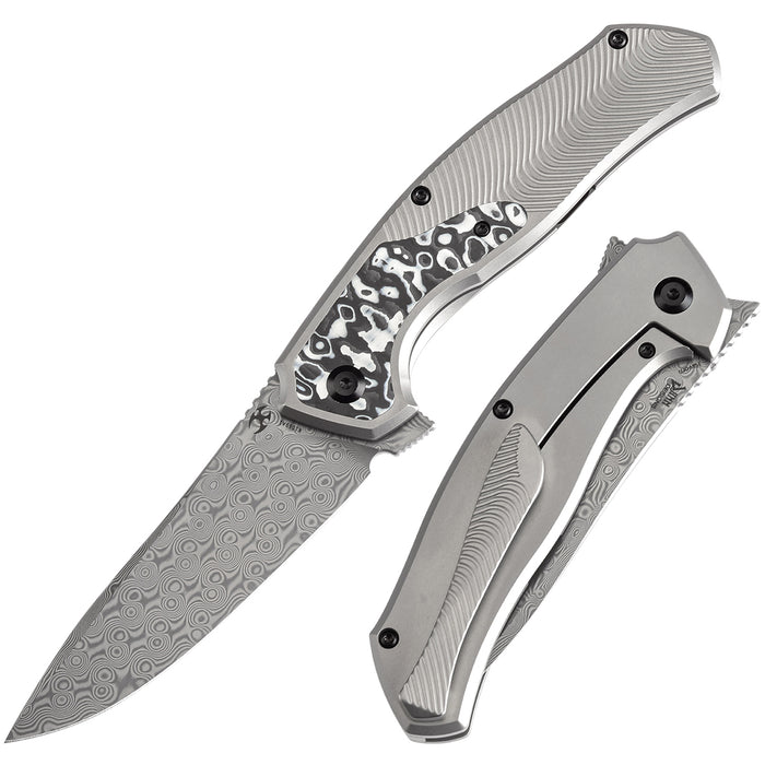 KANSEPT HAVØRN K1069A1 Damascus Blade Titanium with Black and White Carbon Fiber Inlay Handle Frame Lock