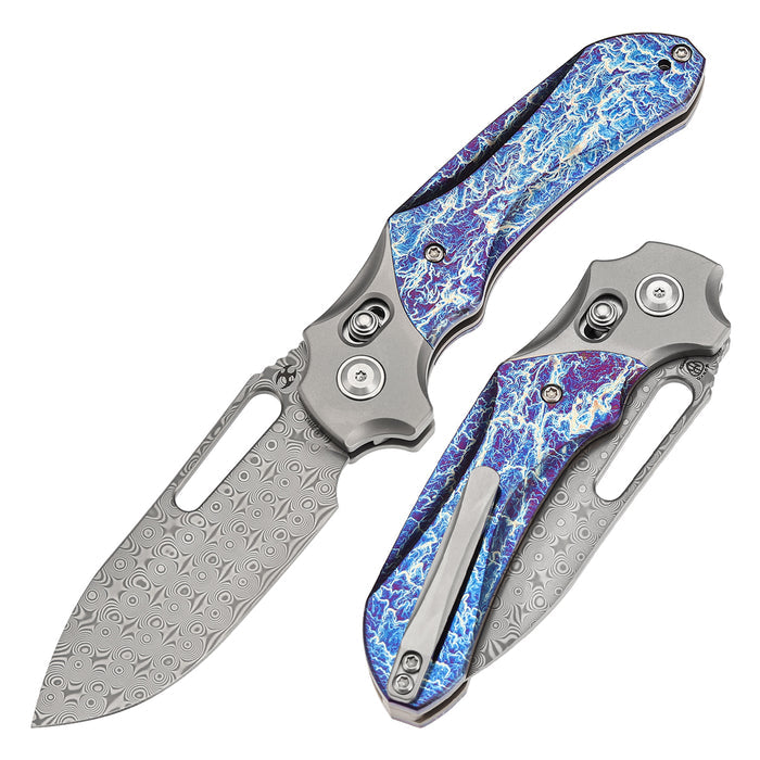 KANSEPT Quasar K1099V3 Damascus Blade Titanium and Titanium Inlay with Lightning Strike Finish Handle Cross Bar Lock