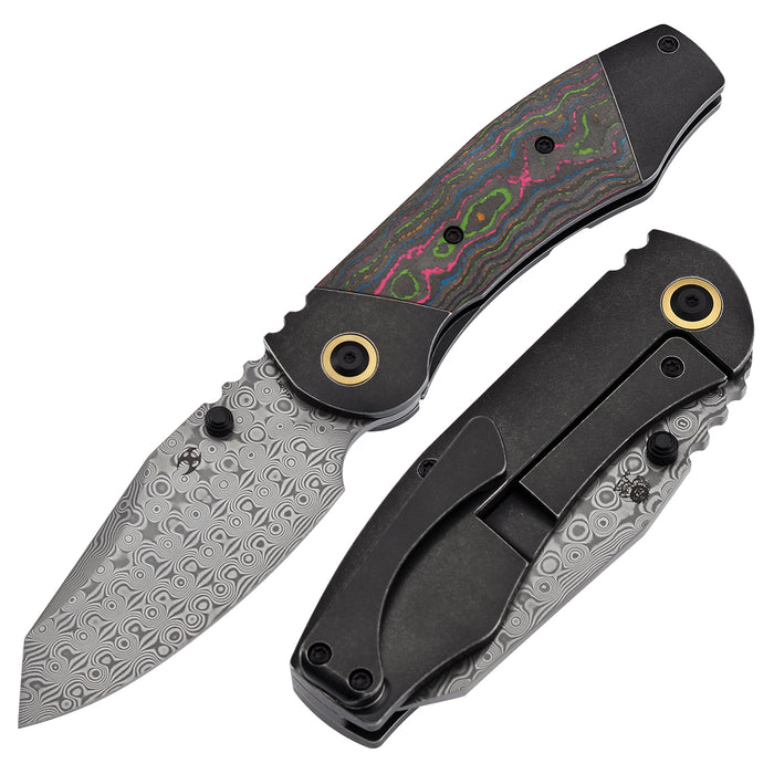 KANSEPT Caveman K1110B3 Damascus Blade Blackwash Titanium wtih 80's CamoCarbon Handle Thumb Stub