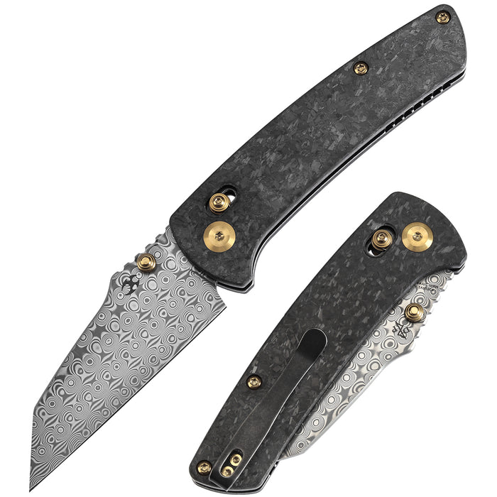 KANSEPT Main Street K1015V1 Damascus Blade Carbon Fiber Handle Crossbar Lock Knife Thumb Studs