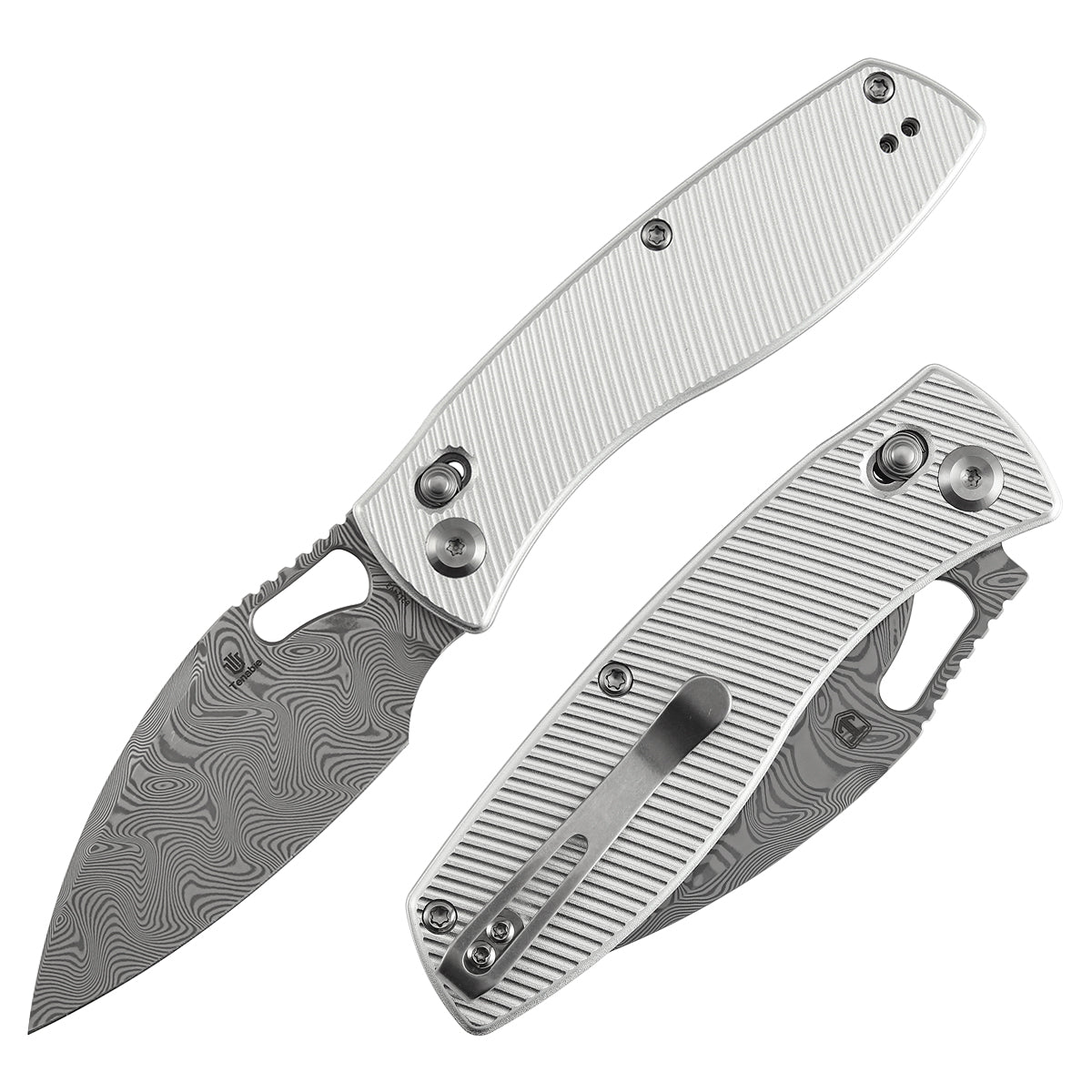 Tenable Heron B2124V3 Damascus Blade Beadblasted Aluminum Handle Crossbar Lock Folding Knife