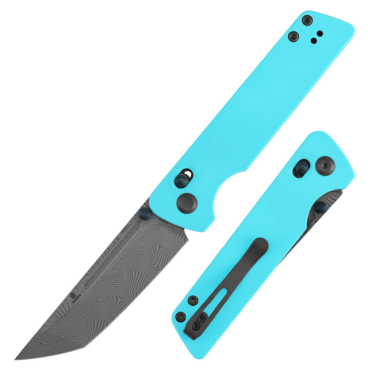 Tenable Anomaly B2038V3 Damascus Blade Blue G10 Handle Crossbar Lock Folding Knife
