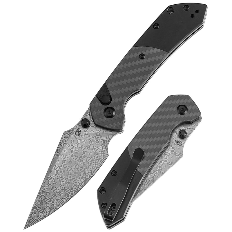 Kansept Fenrir K1034S6 Damascus Blade Carbon Fiber+Aluminium Handle Button Lock Folding Knife