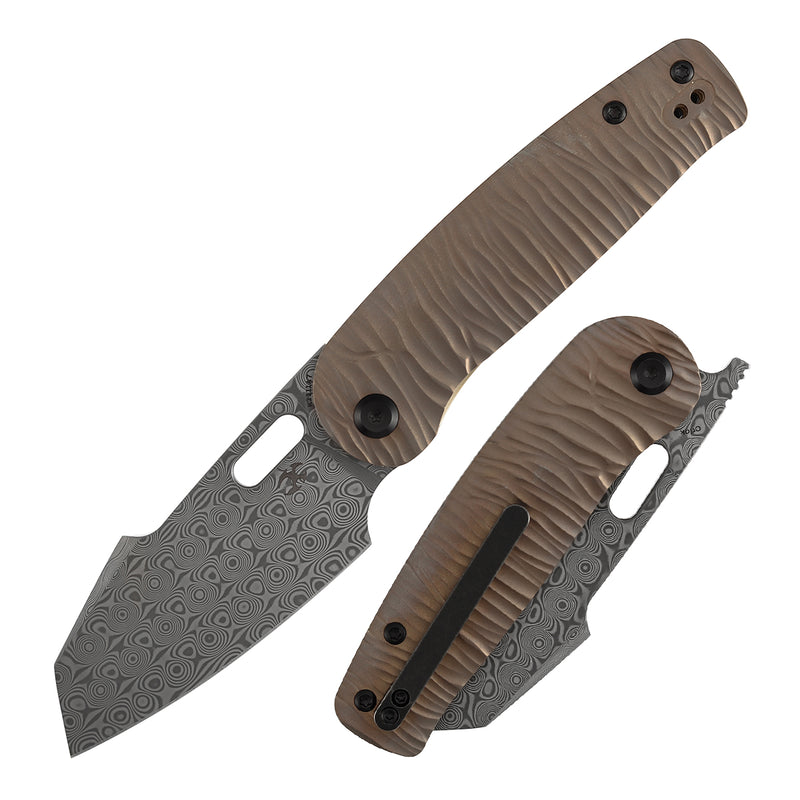 Kansept Orlok K2111A7 Acid Etched Damascus Blade Bronze Anodized Titanium Handle Nested Liner Lock Folding Knife