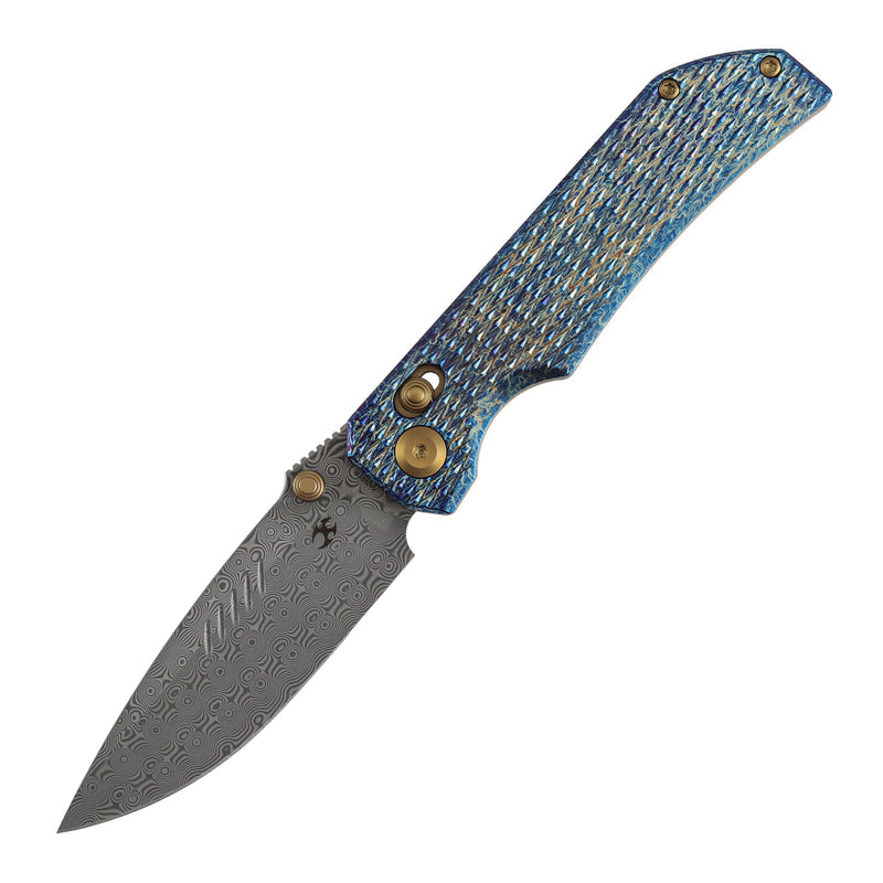 Kansept Eaglestrike K1095V5 Damascus Blade Titanium Handle Crossbar Lock Folding Knife