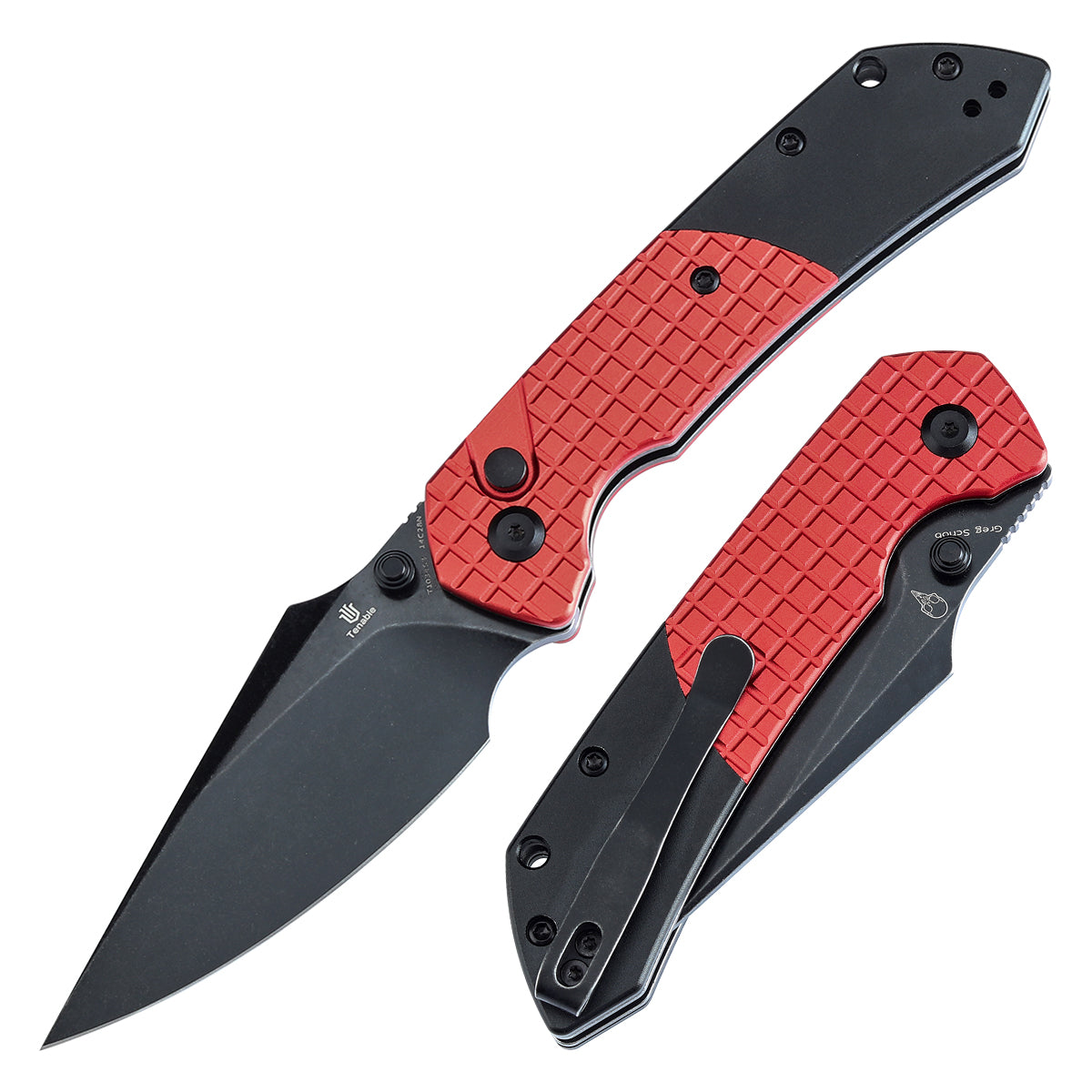 Tenable Fenrir T1034S3 Blackwash 14C28N Blade Dark Red Aluminum Handle Button Lock Folding Knife