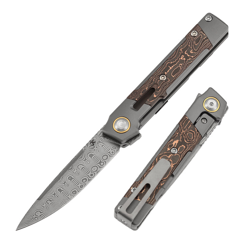 Kansept Kitpu K2123A5 Damascus Blade Titanium wtih Copper Carbon Fiber Handle Frame Lock Knife