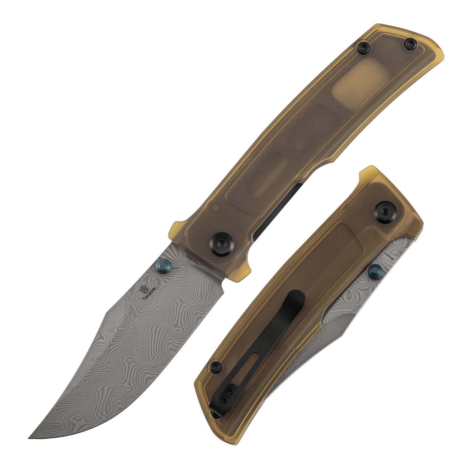 Navaja plegable Tenable Bison B2108A5 con hoja de Damasco "onda de agua" y mango de PEI/Ultem color ámbar con bloqueo Liner Lock