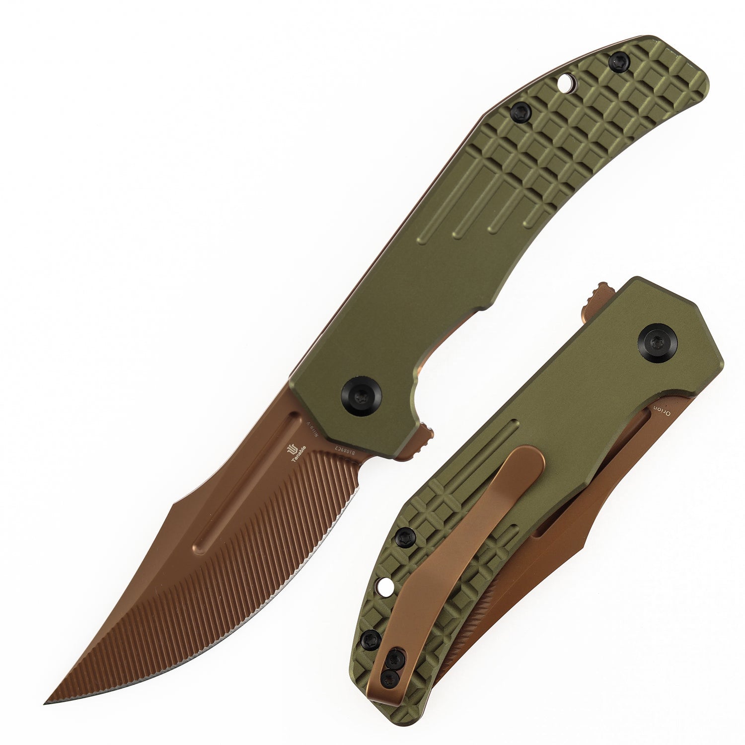 Tenable Orion B1089C2 Rose Gold Nitro-V Blade Blue Aluminum Handle Liner Lock Folding Knife