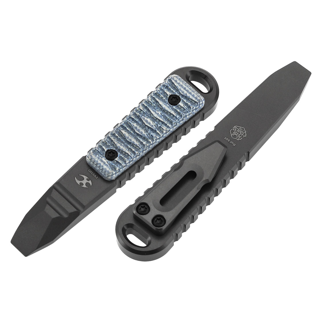Kansept Kursor G015A3 Grey Anodized Titanium+Blue Micarta with Tsukamaki EDC Tool