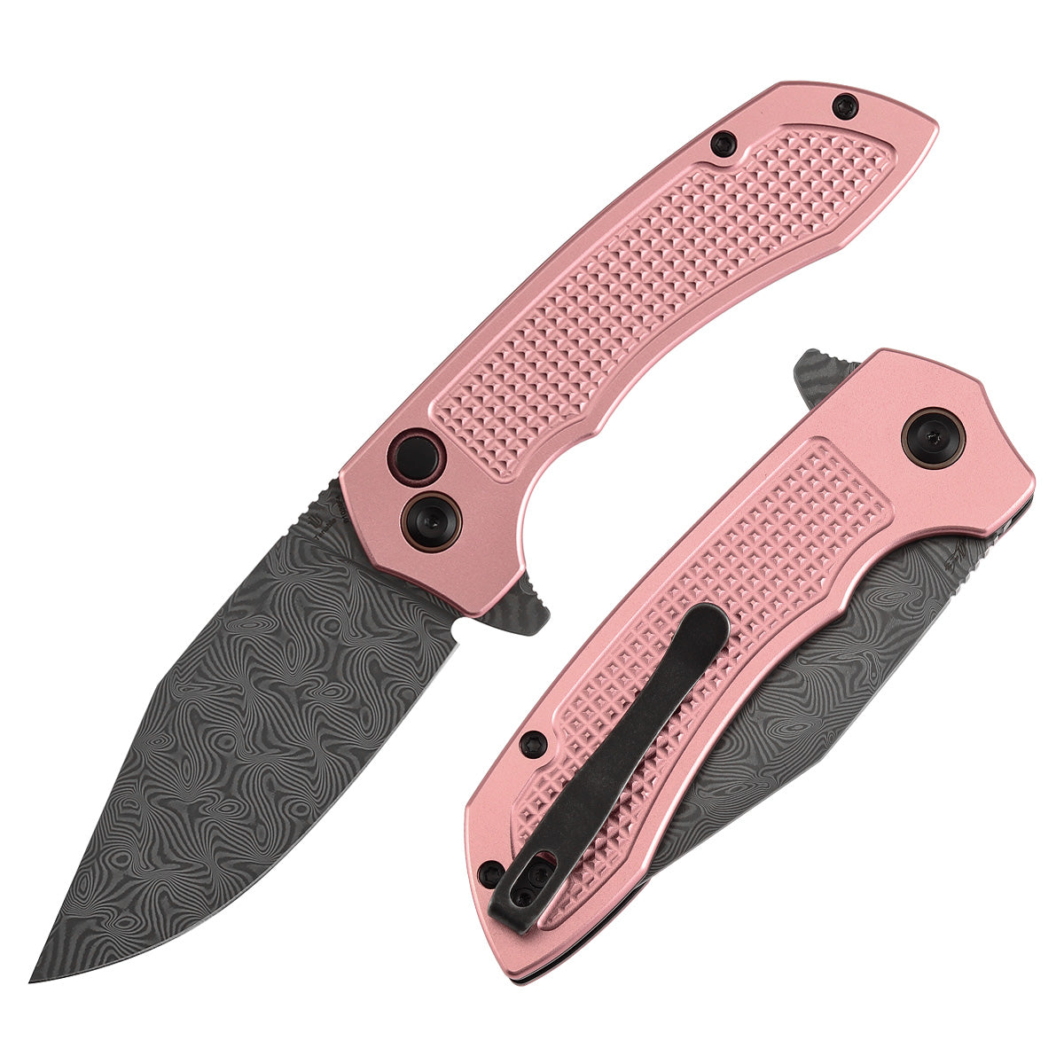 Tenable Entity B1036F4 Water Ripple Damascus Blade Rose Gold Aluminum Handdle Button Lock Folding Knife