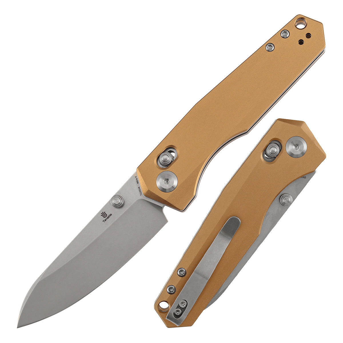 Tenable Beaver T1105V8 Stonewashed Nitro-V Blade Bronze Aluminum Handle Crossbar Lock Folding Knife