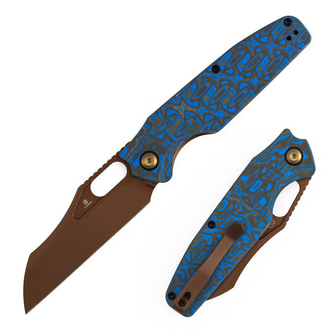 Tenable Tuckamore B1052A3 Rose Gold Nitro-V Blade Blue & Yellow Vortex Micarta Handle Liner Lock Folding Knife