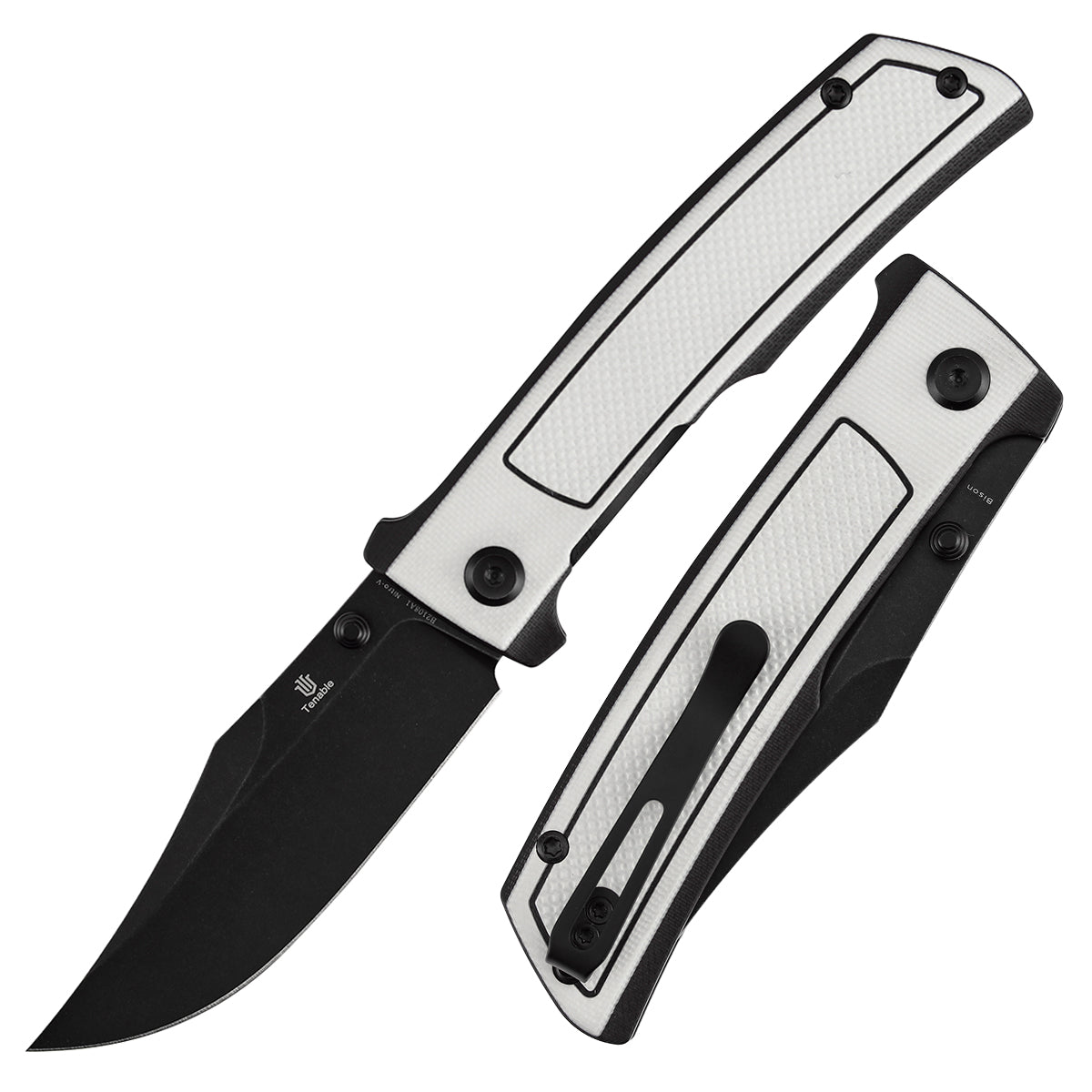 Tenable Bison B2108A1 Blackwash Nitro-V Blade Black & White G10 Handle Liner Lock Folding Knife