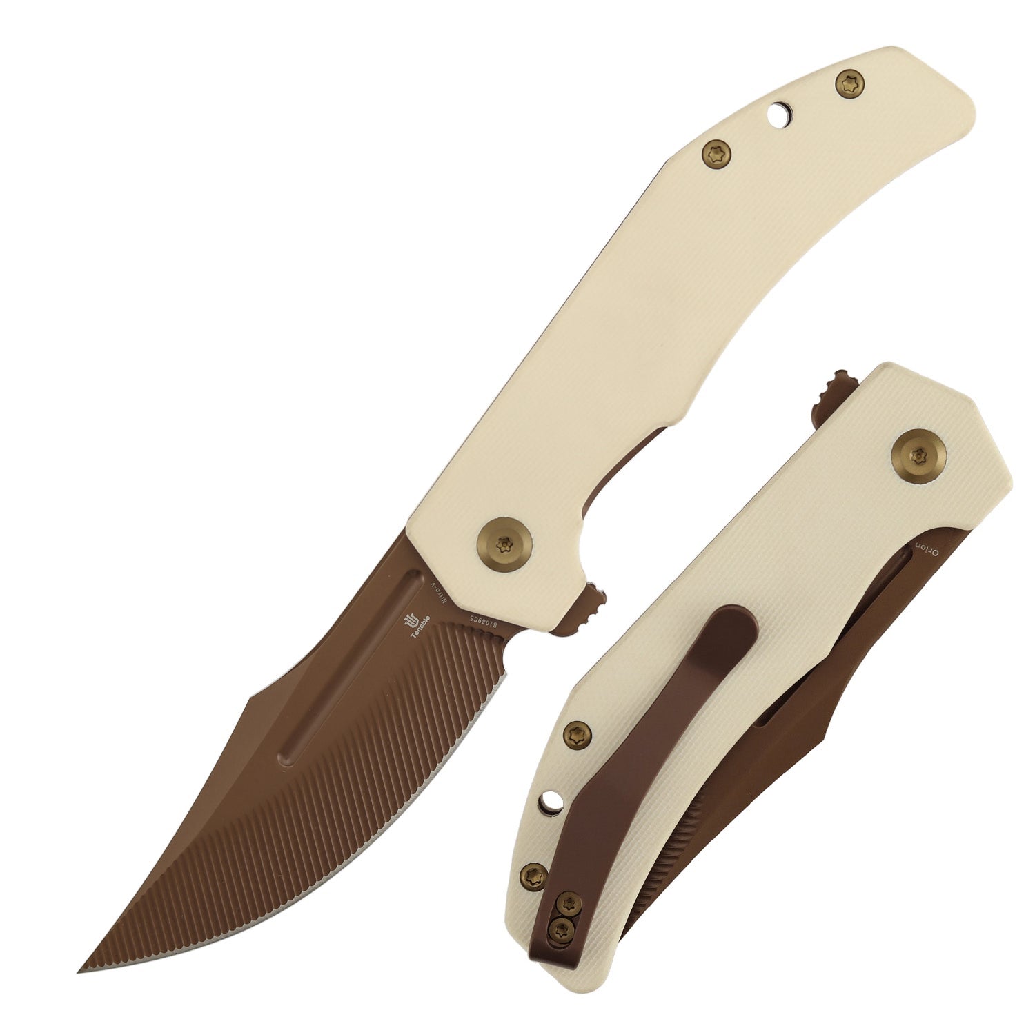 Tenable Orion B1089C5 Rose Gold Nitro-V Blade Ivory White G10 Handle Liner Lock Folding Knife
