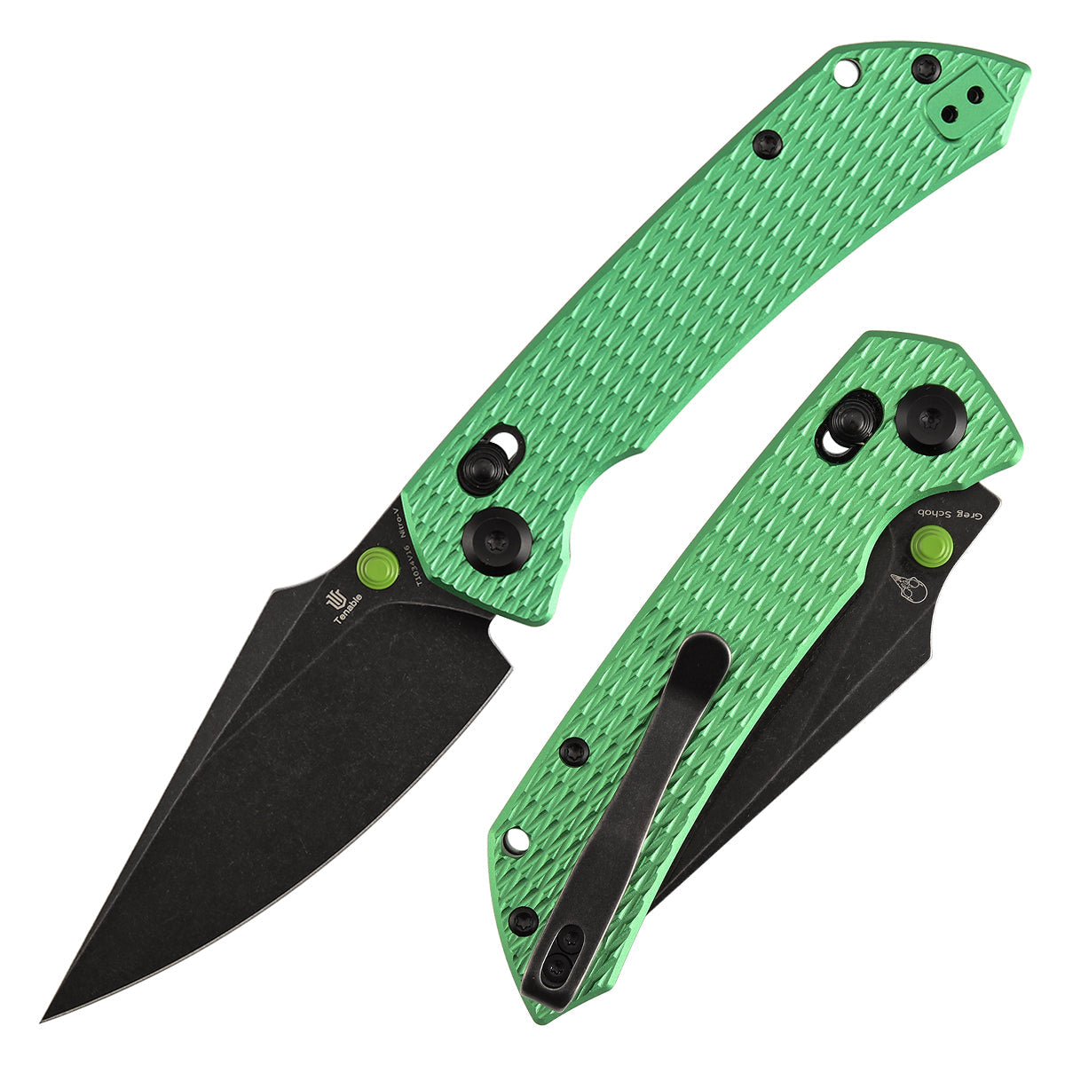Tenable Fenrir T1034V16 Blackwash Nitro-V Blade Green Anodized Aluminum Handle Crossbar Lock Folding Knife