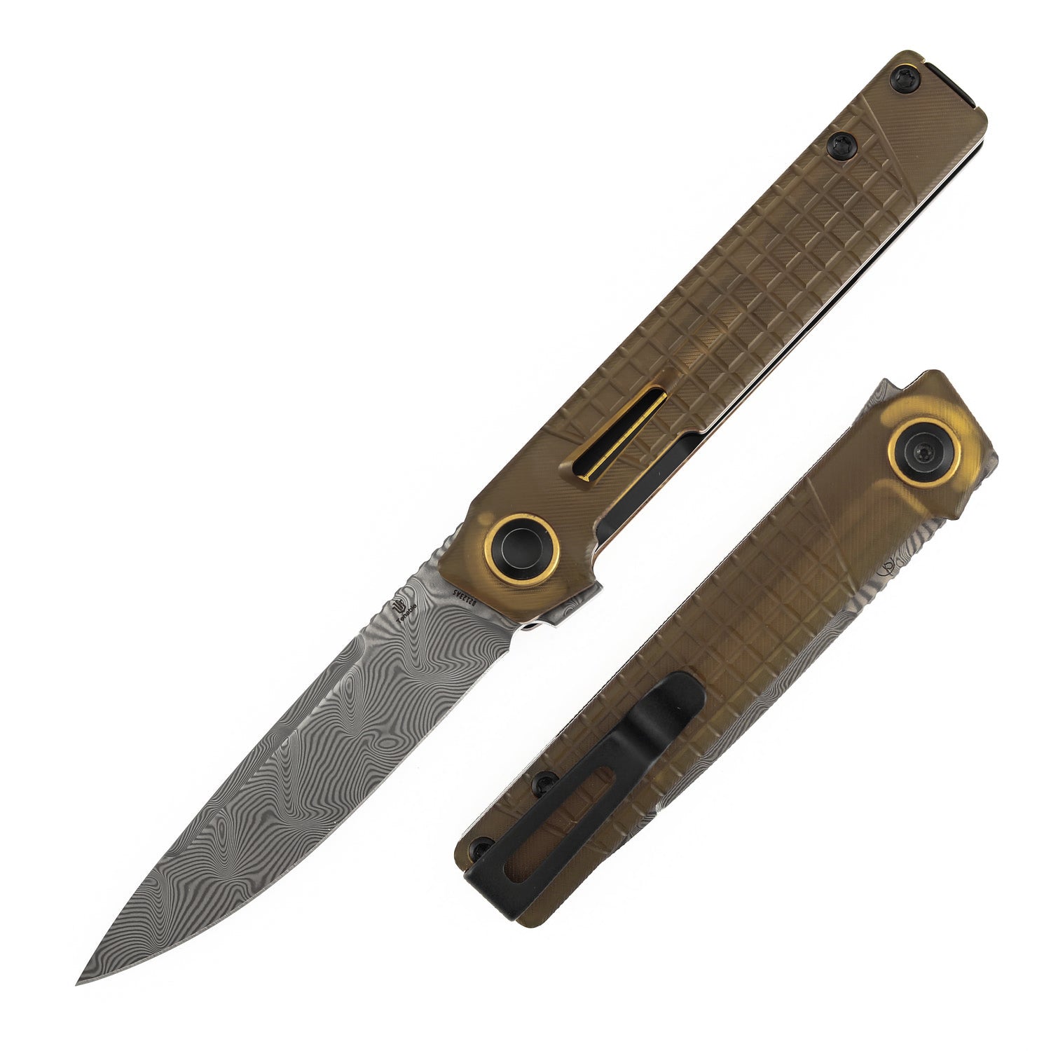 Tenable Kitpu B2123A5 Water Ripple Damascus Blade Amber PEI/Ultem Handle Liner Lock Folding Knife