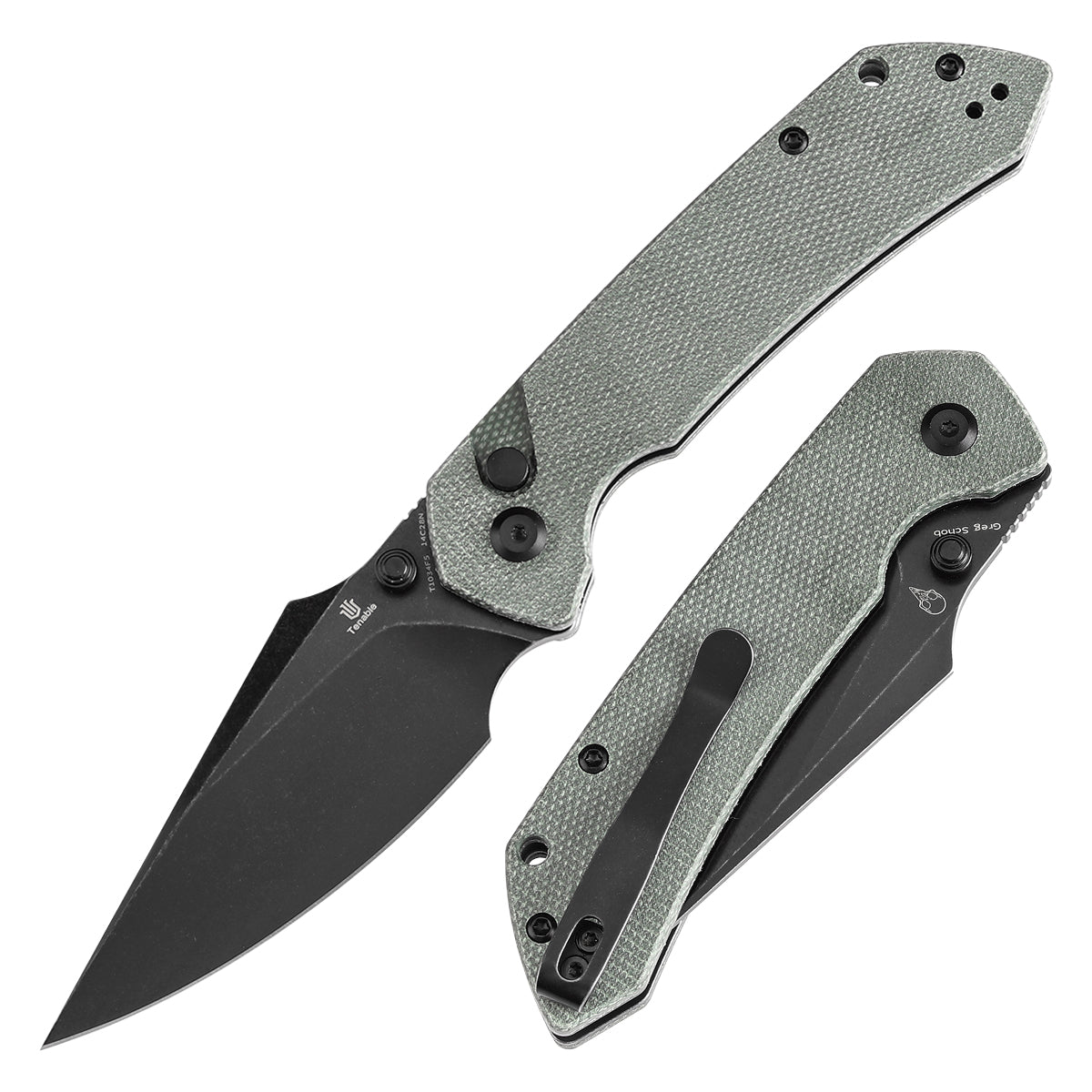 Tenable Fenrir T1034F5 Blackwashed 14C28N Blade Green Micarta Handle Button Lock Folding Knife