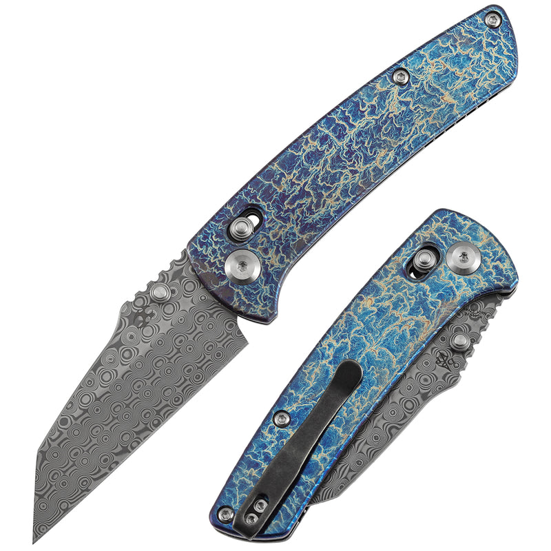 Kansept Main Street K1015V6 Damascus Blade Titanium with Lightning Strike Finish Handle Crossbar Lock Folding Knife