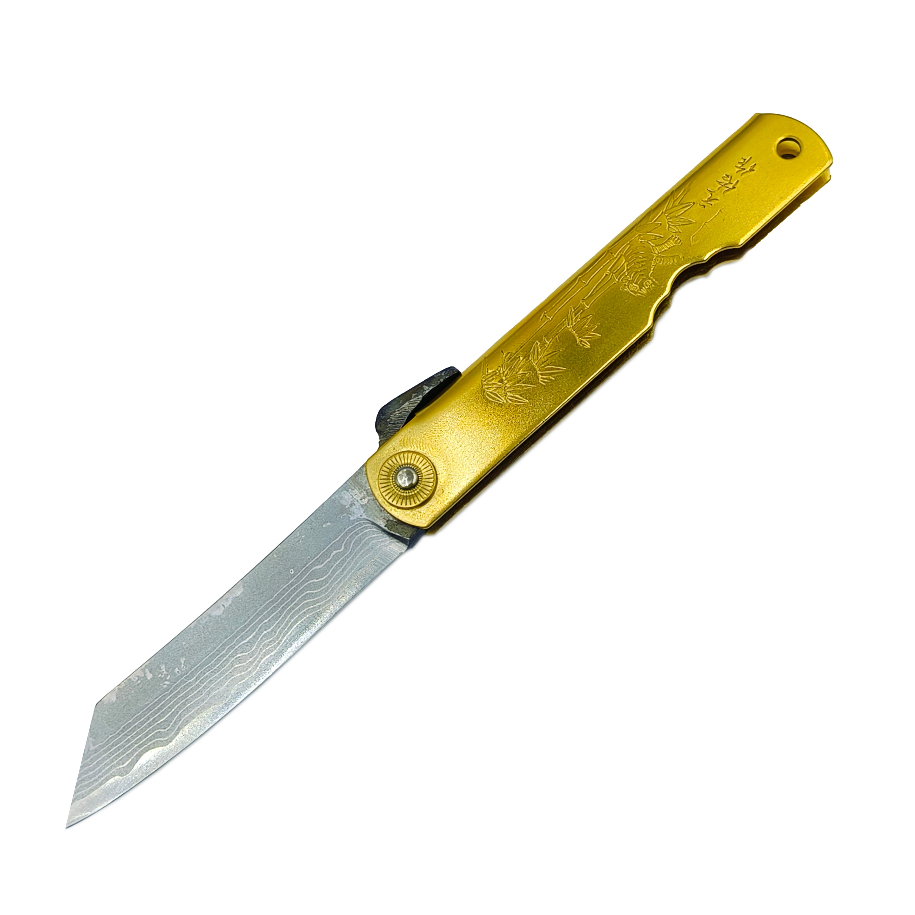 Nagao Higonokami Friction Folder Knife Brass Damascus Hand Forging