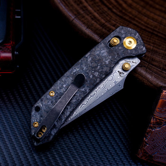 KANSEPT Fenrir K1034V1 Damascus Blade Carbon Fiber Handle Crossbar Lock Knife
