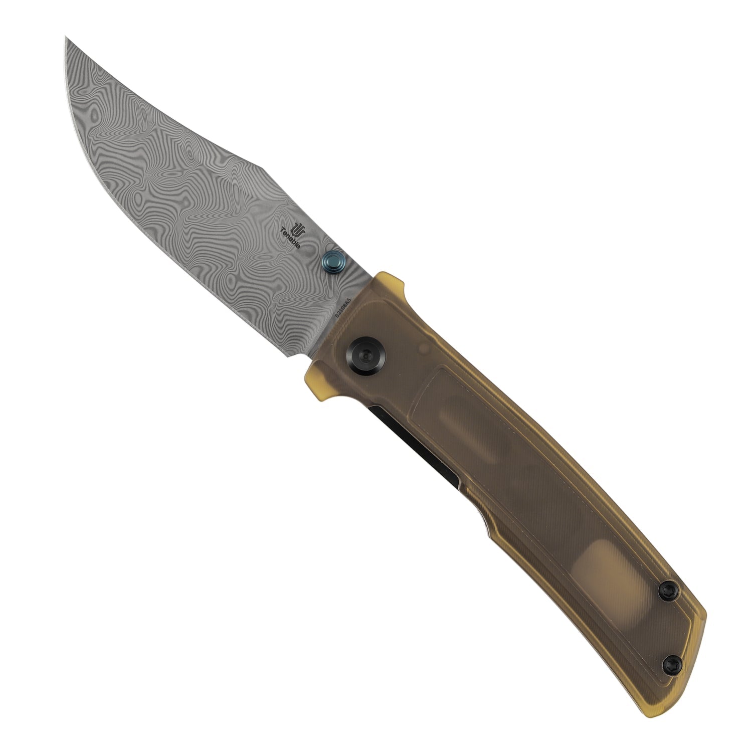 Tenable Bison B2108A5 Water Ripple Damascus Blade Amber PEI/Ultem Handle Liner Lock Folding Knife