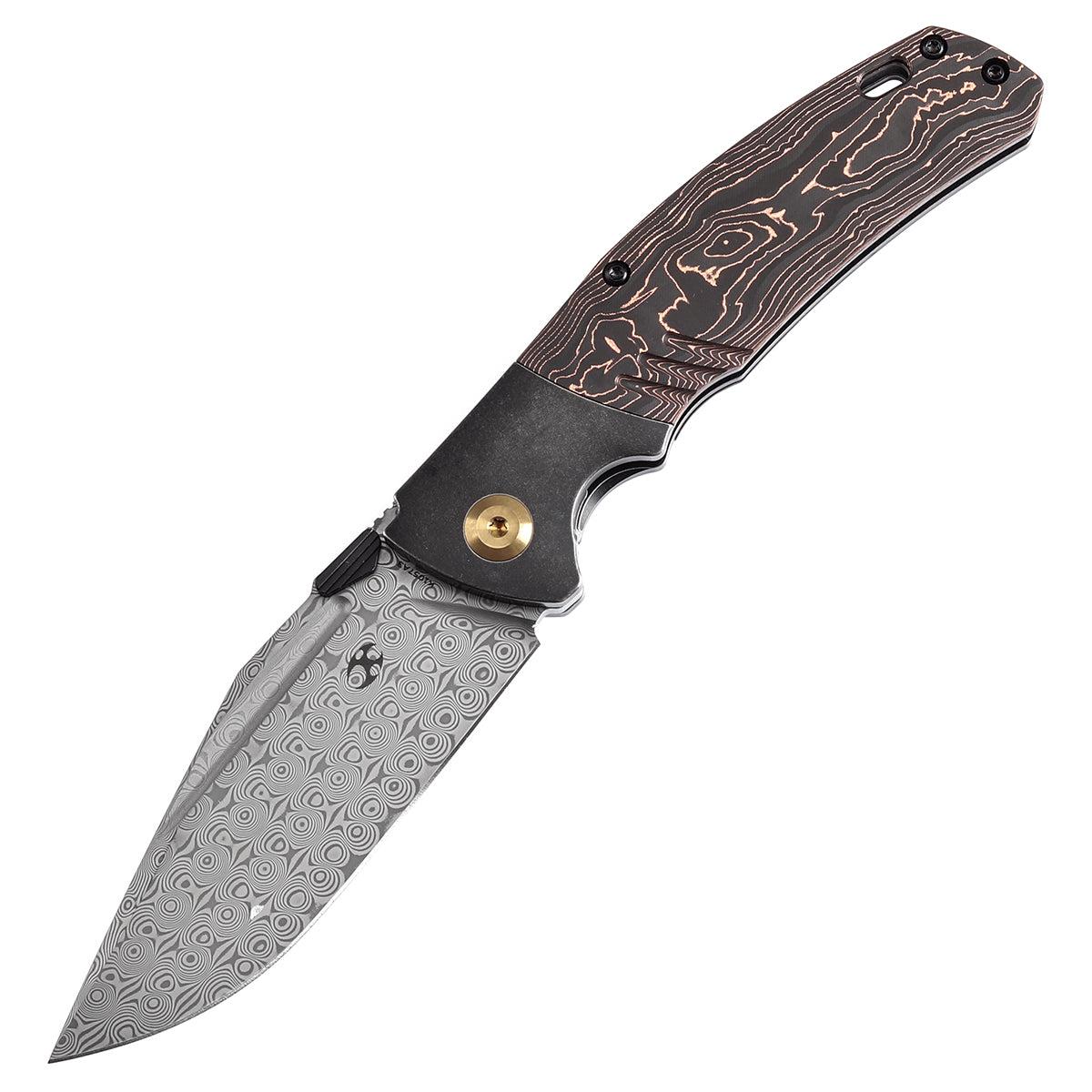 Kansept Hiinterland K1057A3 Damascus Blade Blackwash Titanium + Copper Carbon Fiber Handle Flipper Knife