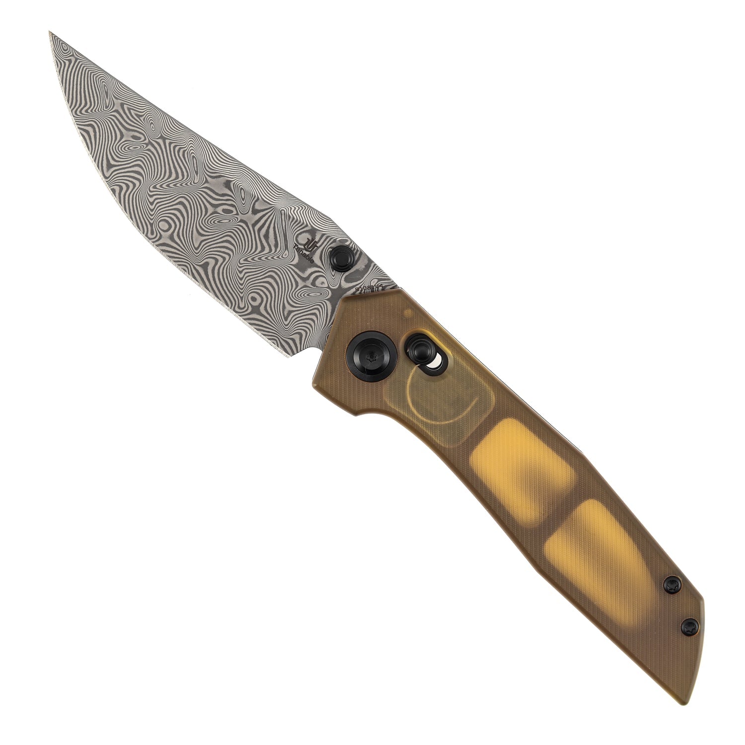 Tenable Deadite B1081V4 Water Ripple Damascus Blade Amber PEI Handle Crossbar Lock Folding Knife