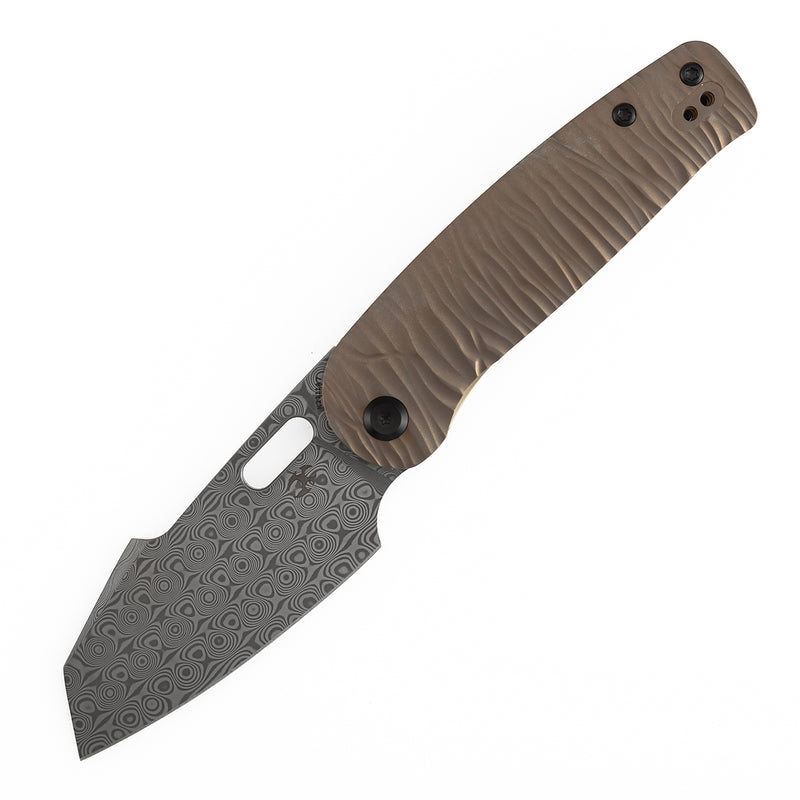 Kansept Orlok K2111A7 Acid Etched Damascus Blade Bronze Anodized Titanium Handle Nested Liner Lock Folding Knife