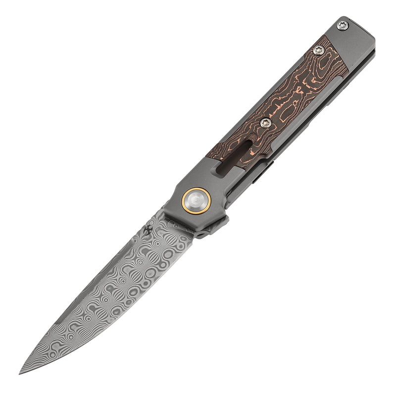 Kansept Kitpu K2123A5 Damascus Blade Titanium wtih Copper Carbon Fiber Handle Frame Lock Knife