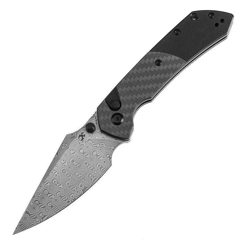 Kansept Fenrir K1034S6 Damascus Blade Carbon Fiber+Aluminium Handle Button Lock Folding Knife