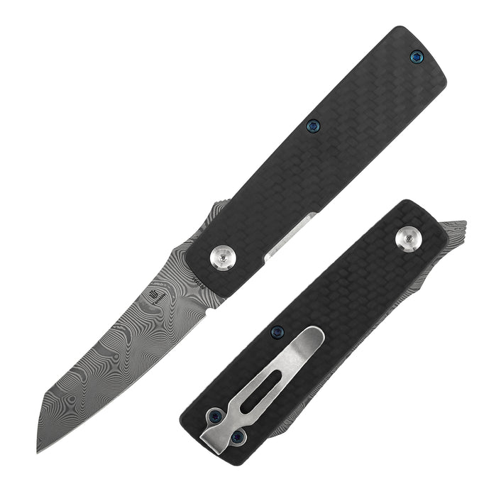 Navaja plegable Tenable Higonokami B2135A3 con hoja de Damasco con ondas de agua, mango de fibra de carbono tipo sarga y bloqueo de revestimiento