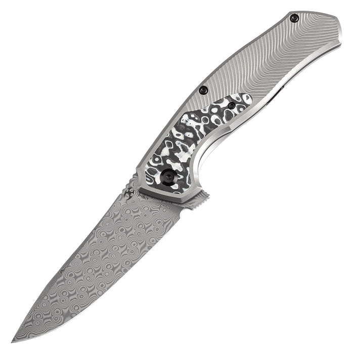 KANSEPT HAVØRN K1069A1 Damascus Blade Titanium with Black and White Carbon Fiber Inlay Handle Frame Lock
