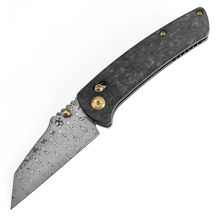 KANSEPT Main Street K1015V1 Damascus Blade Carbon Fiber Handle Crossbar Lock Knife Thumb Studs