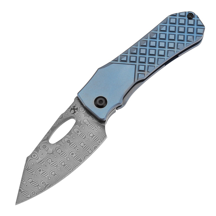 KANSEPT Loki K1058B7 Damascus Blade Blue Anodized Titanium Handle Frame Lock Thumb Hole Knife