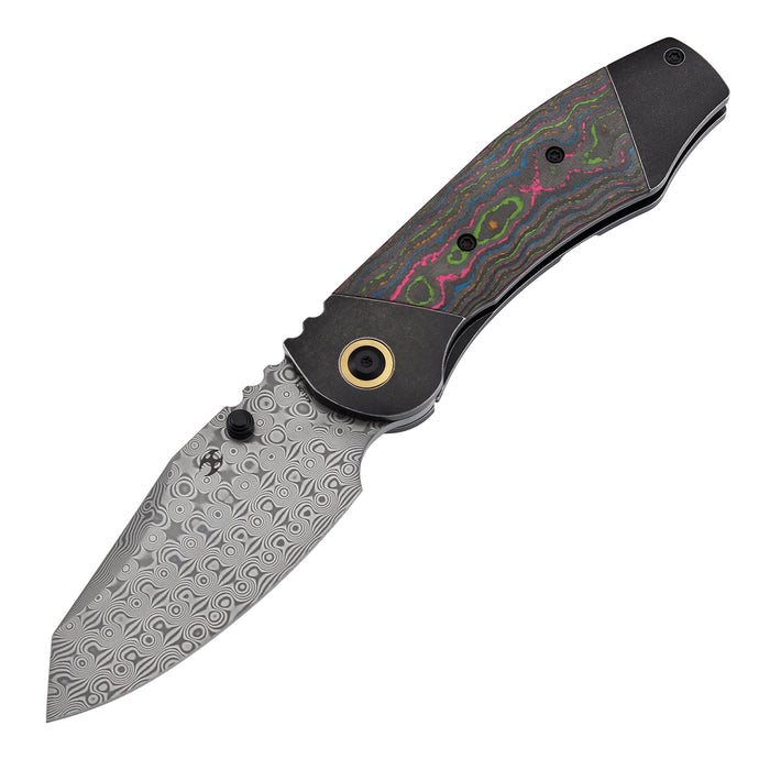 KANSEPT Caveman K1110B3 Damascus Blade Blackwash Titanium wtih 80's CamoCarbon Handle Thumb Stub