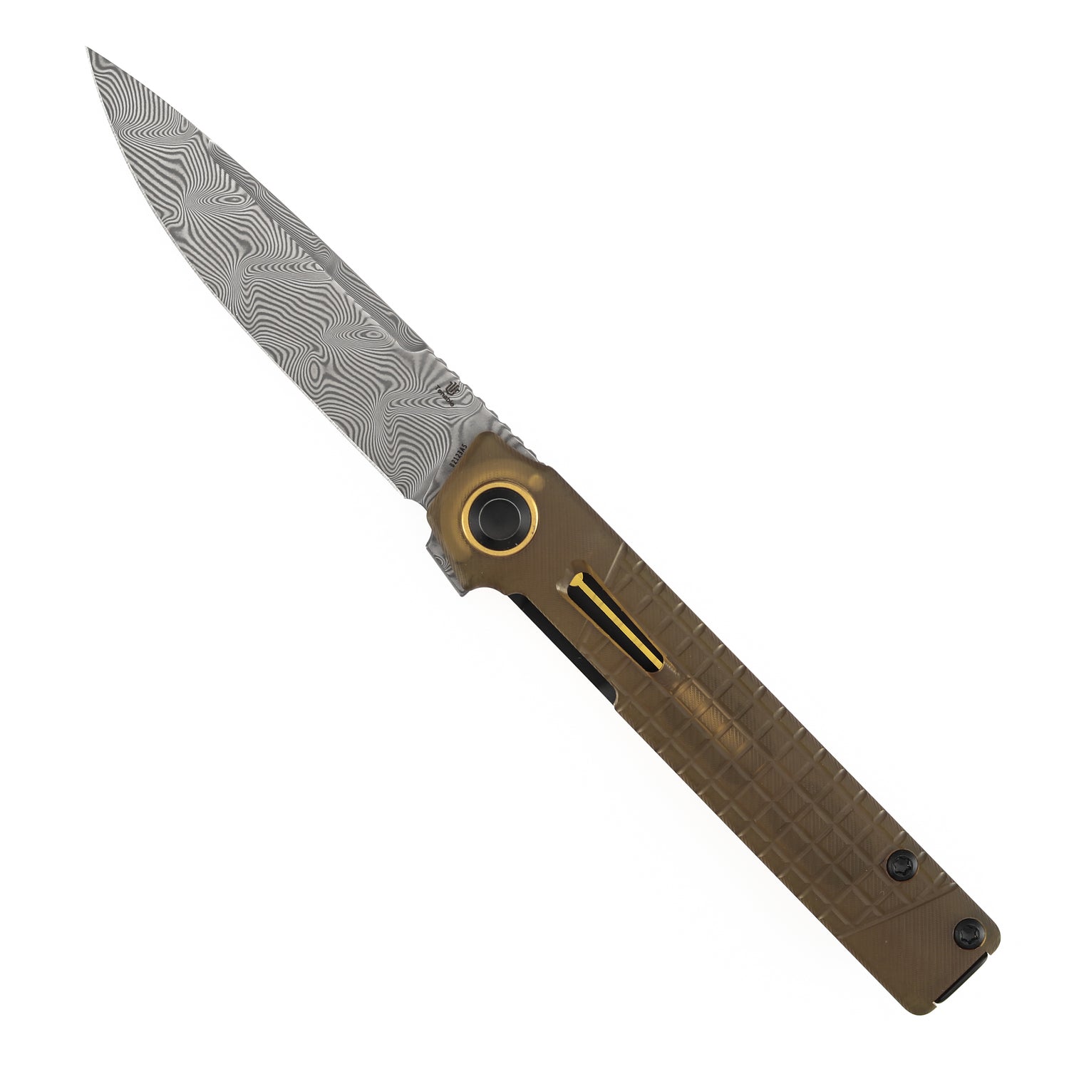 Tenable Kitpu B2123A5 Water Ripple Damascus Blade Amber PEI/Ultem Handle Liner Lock Folding Knife