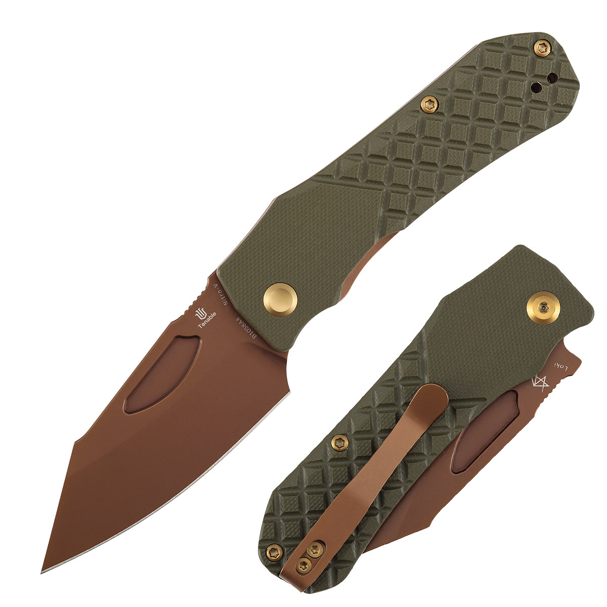 Tenable Loki B1058A4 Rose Gold Nitro-V Blade Olive Green G10 Handle Liner Lock Folding Knife